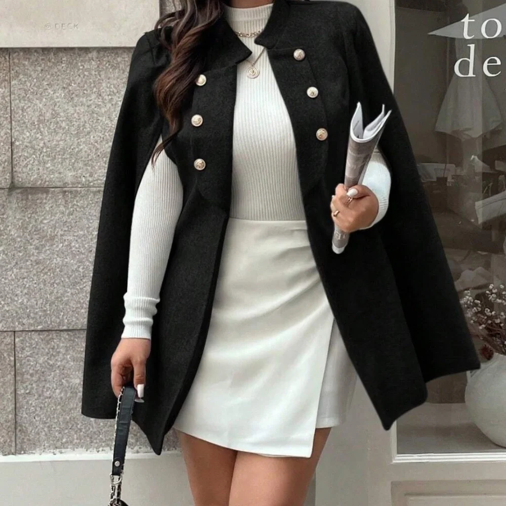 Plus Solid Button Detail Cape Jacket Coat - Picture 3 of 10